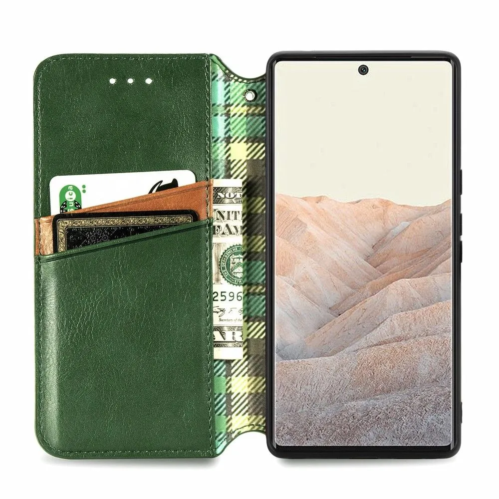 Leather case with a stylish rhombus imprint for Google Pixel 6 - Green