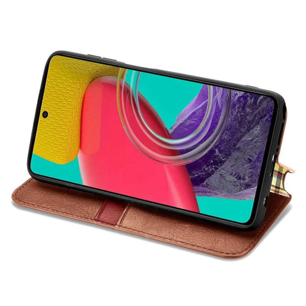 Leather case with a stylish rhombus imprint for Samsung Galaxy M33 5G - Brown