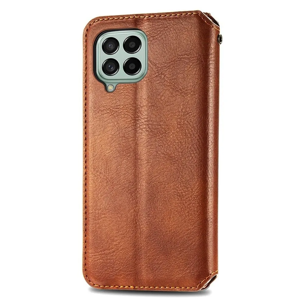 Leather case with a stylish rhombus imprint for Samsung Galaxy M33 5G - Brown