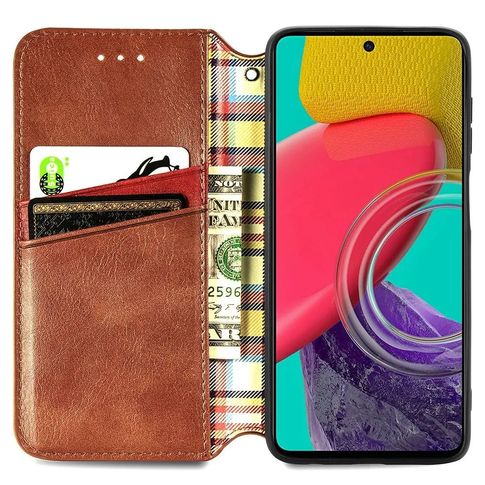 Leather case with a stylish rhombus imprint for Samsung Galaxy M33 5G - Brown