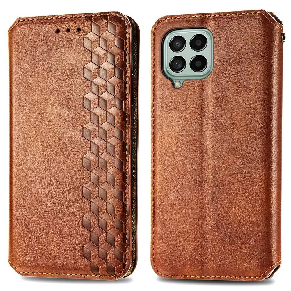 Leather case with a stylish rhombus imprint for Samsung Galaxy M33 5G - Brown