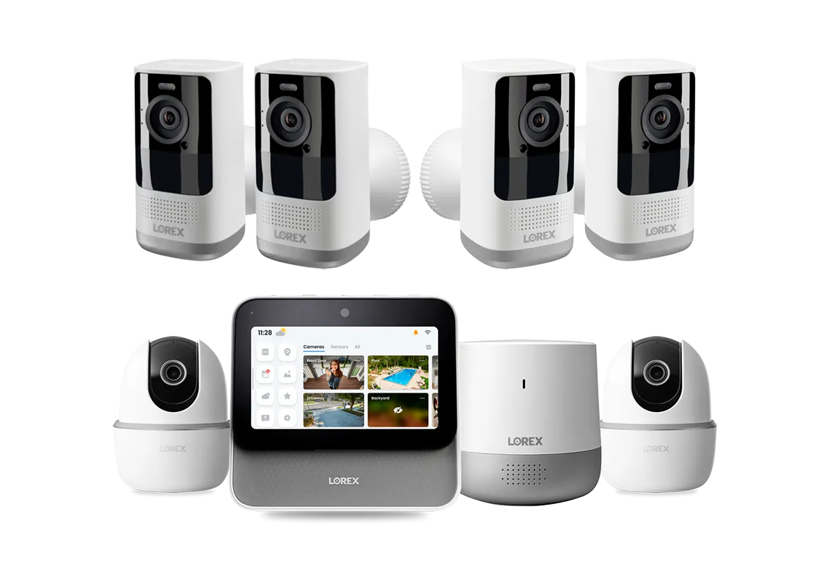 Lorex Smart Home Security Center with 2K Wire-Free Cameras, Two 2K Pan-Tilt Indoor Wi-Fi Security Cameras and Range Extender