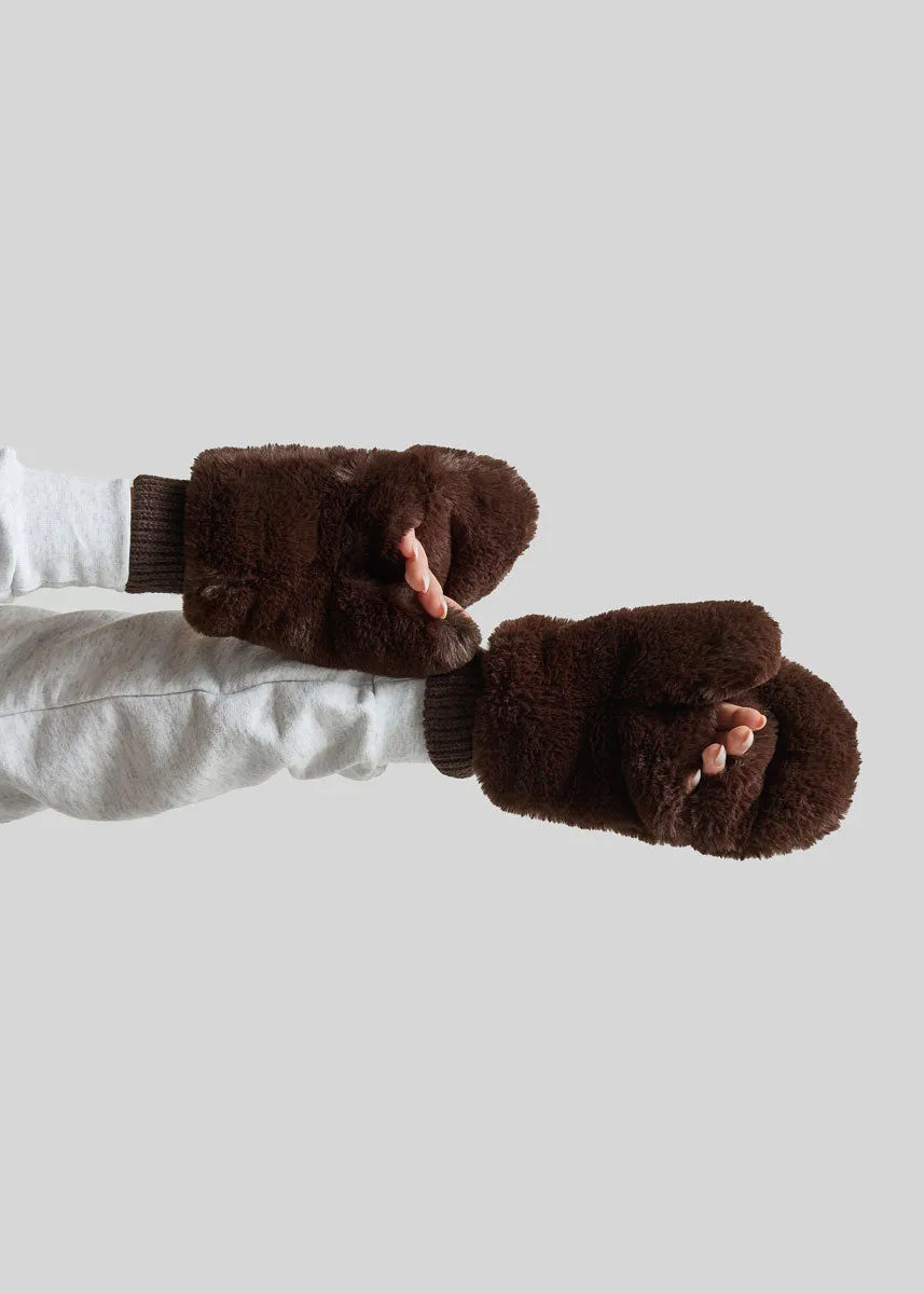 Mad Hatter Faux-Fur Mittens - Chocolate