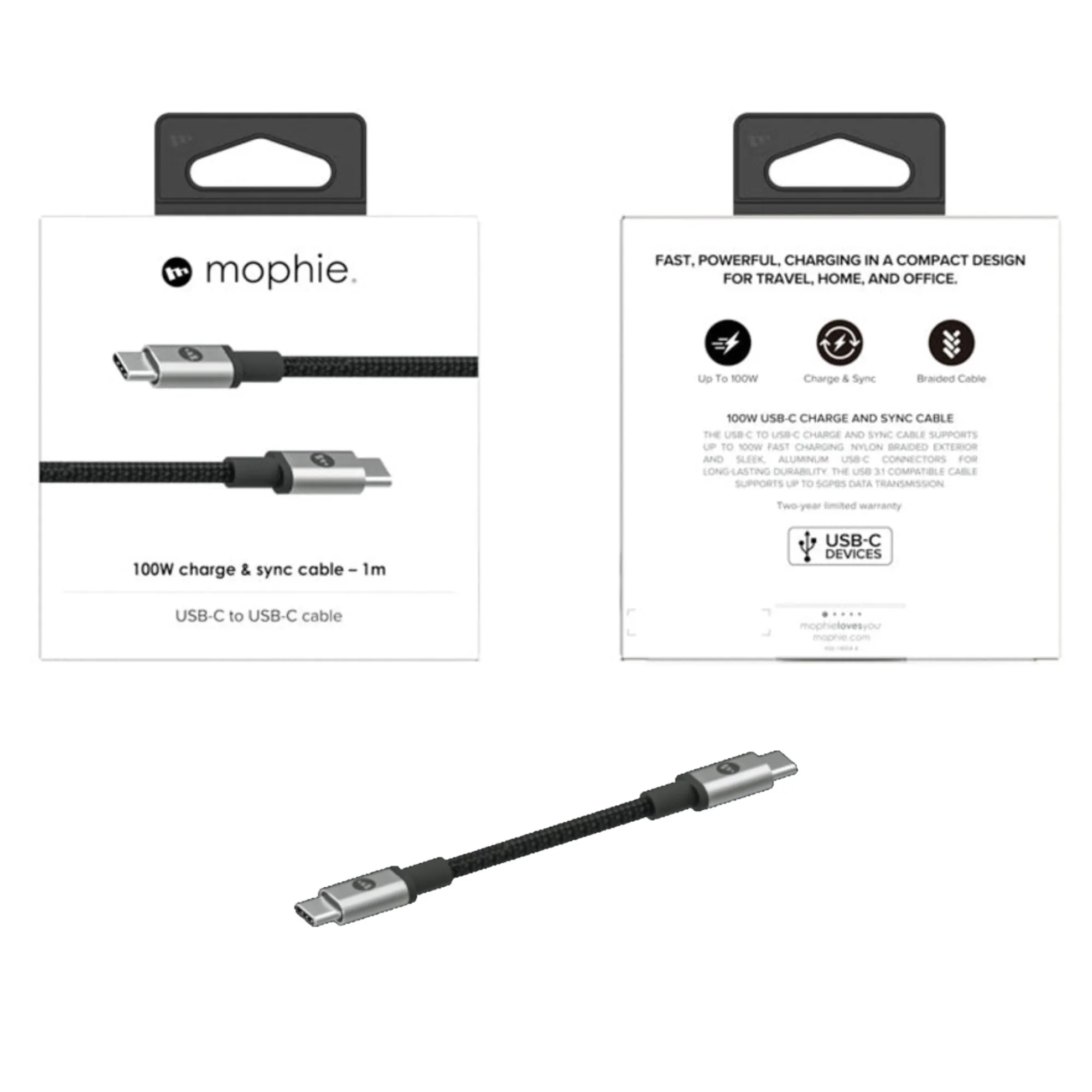 Mophie Cable 100W USB-C to USB-C 3.1 Charge & Sync Cable ( 5GBPS ) High Speed Data Transfer