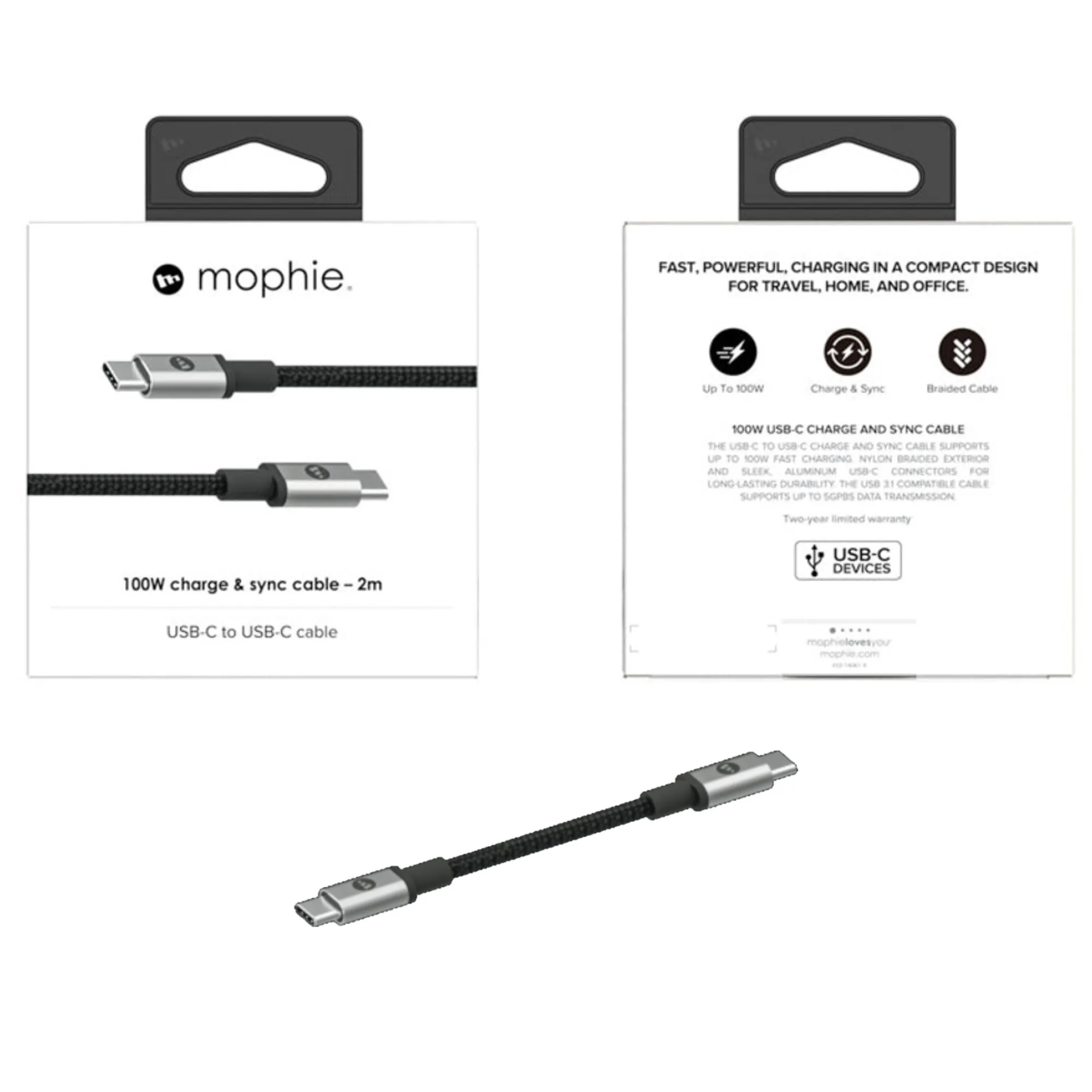 Mophie Cable 100W USB-C to USB-C 3.1 Charge & Sync Cable ( 5GBPS ) High Speed Data Transfer