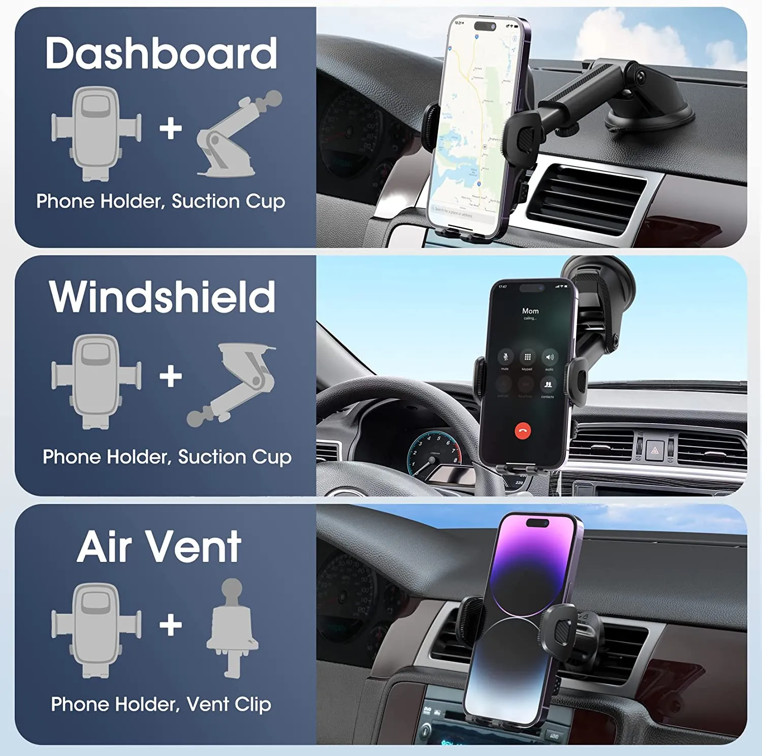 Mpow Car Cell Phone Holder Mount - 3in1 Car Cell Phone Holder for Dashboard, Air Vent, Windshield Compatible with iPhone, Samsung Galaxy and 4.7 to 6.9 inches