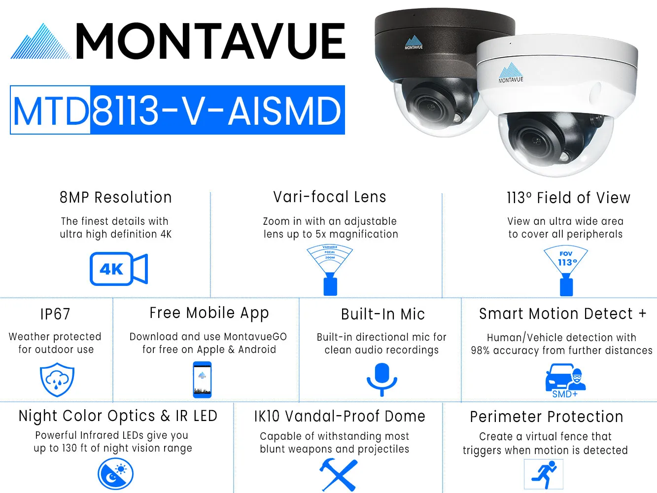 MTD8113-V-AISMD Package | 8MP 4K Smart Varifocal Dome Cameras and 8 Channel 4 Series AI NVR and 2TB HDD