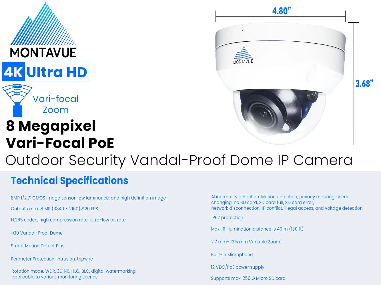 MTD8113-V-AISMD Package | 8MP 4K Smart Varifocal Dome Cameras and 8 Channel 4 Series AI NVR and 2TB HDD