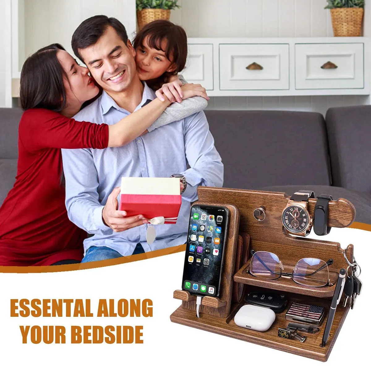 Multi-functional Wooden Telephone Extension Base Father's Gift Bedside Table Organizer