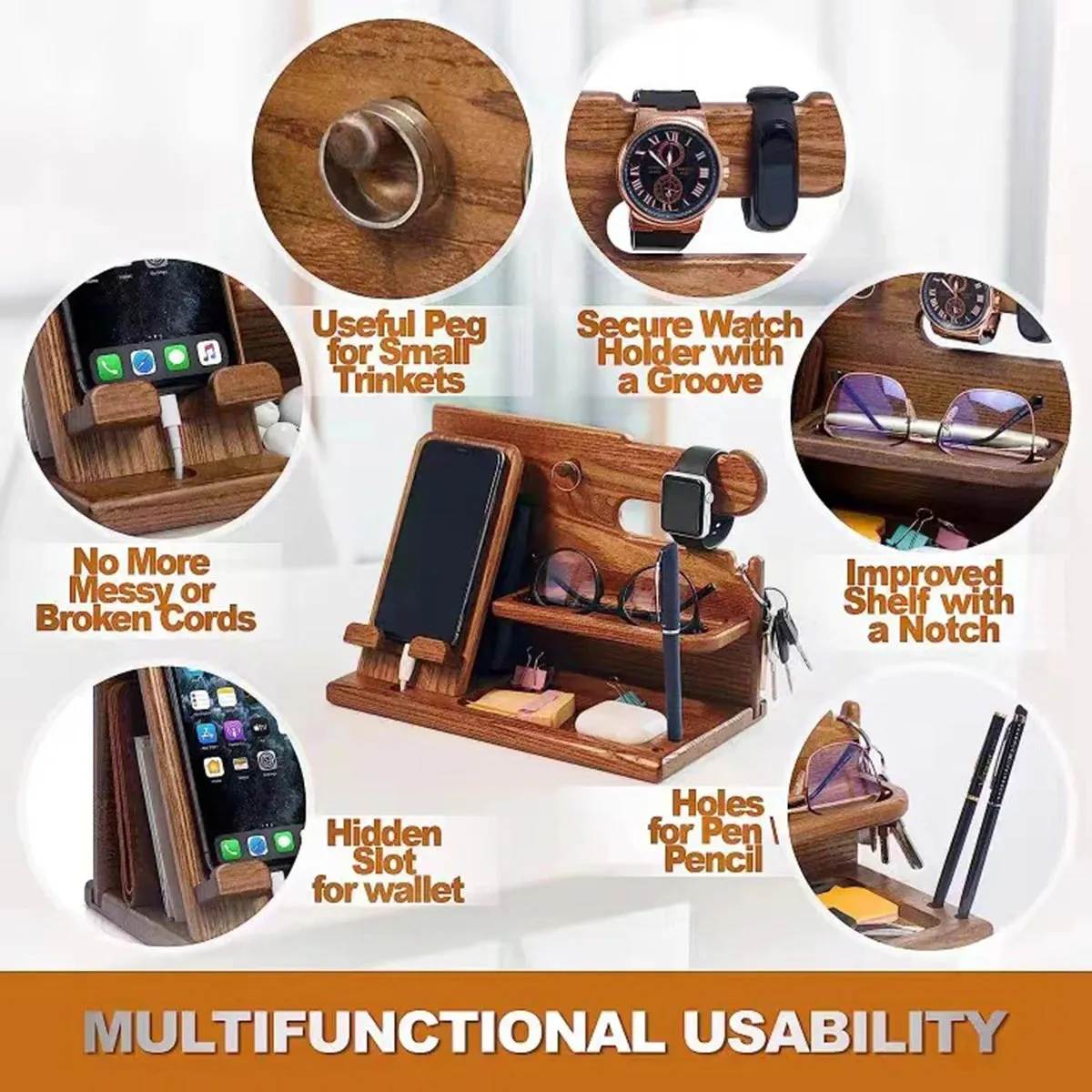 Multi-functional Wooden Telephone Extension Base Father's Gift Bedside Table Organizer