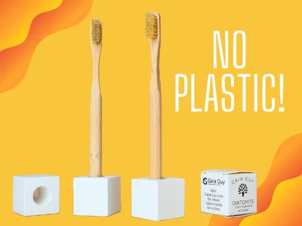 Natural Bristle Toothbrush and Stone Cube Holder