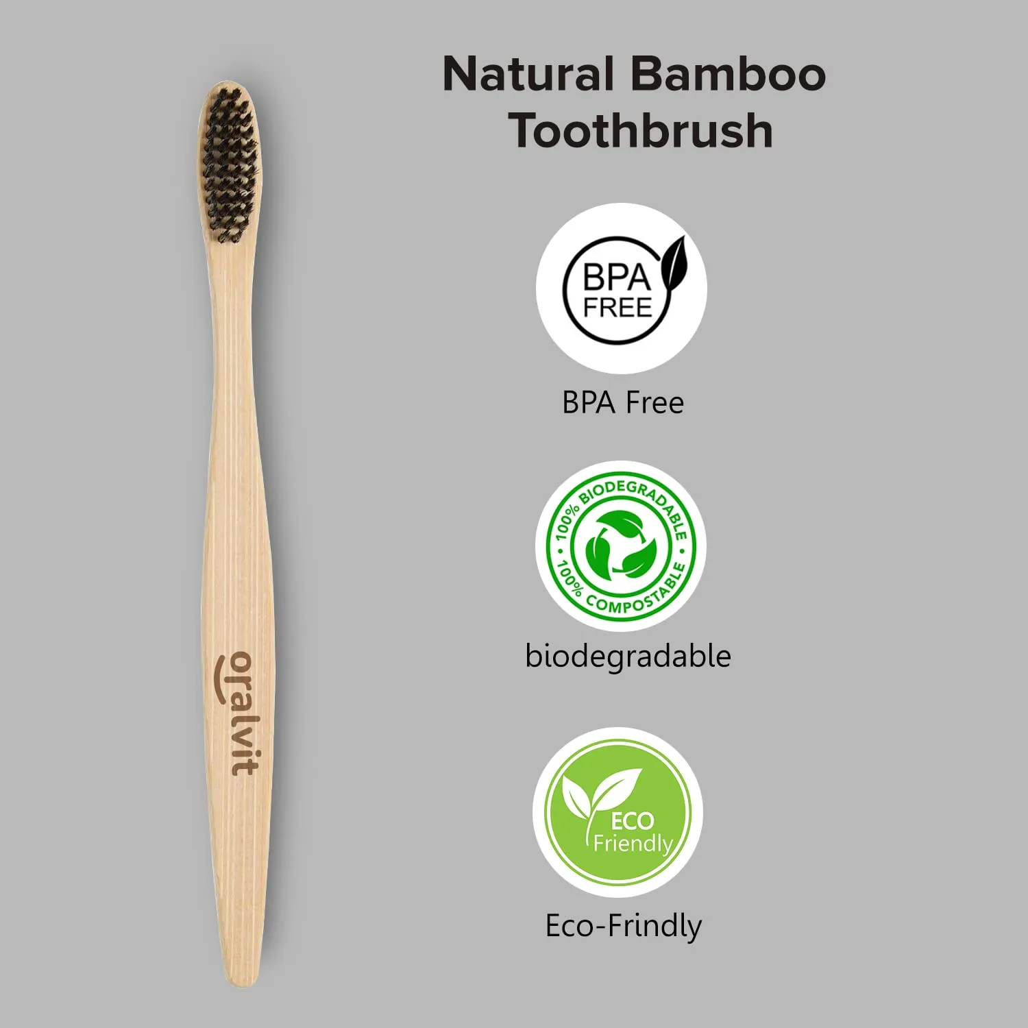 Oralvit Bamboo Charcoal Toothbrush 100% Natural | Anti-bacterial & Biodegradable | Eco-Friendly | For Adults & Kids | BPA Free - Pack of 2 (Pack of 3)