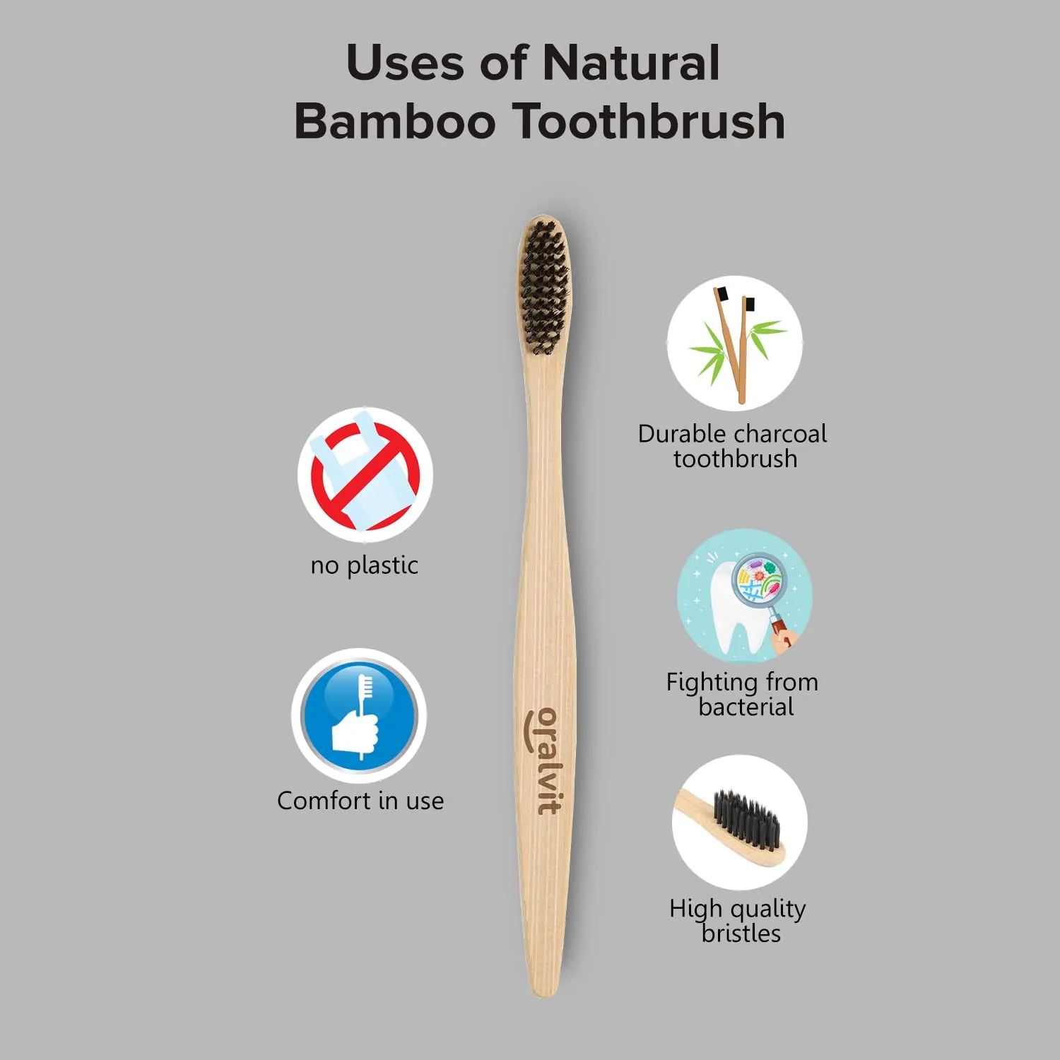 Oralvit Bamboo Charcoal Toothbrush 100% Natural | Anti-bacterial & Biodegradable | Eco-Friendly | For Adults & Kids | BPA Free - Pack of 2 (Pack of 3)