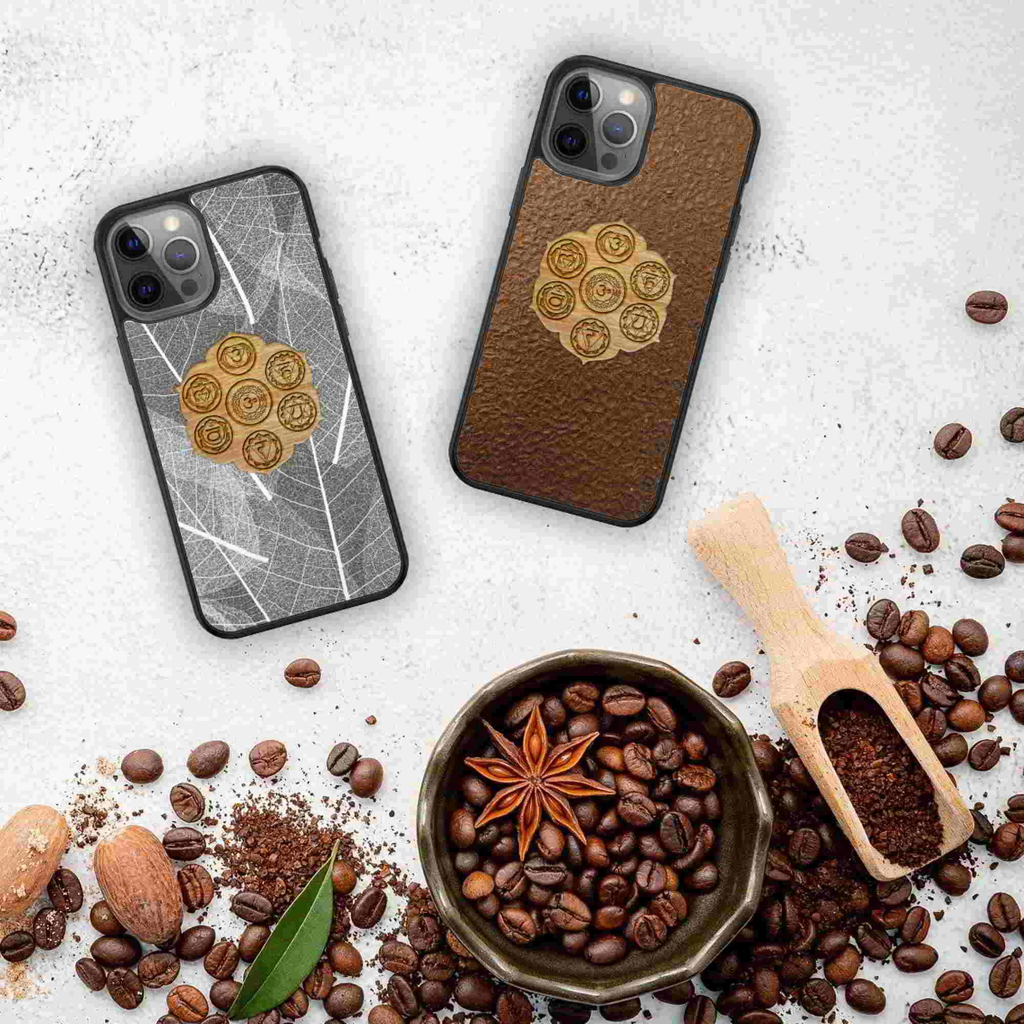 Organic Biodegradable Phone Case - The Seven Chakra Symbols - Skeleton Leaves