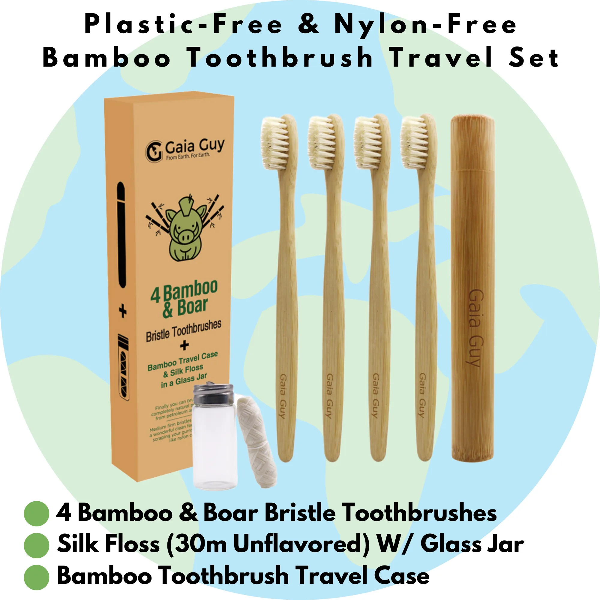 Plastic-Free Eco Dental Kit | Bamboo and Boar Bristle Toothbrushes   Silk Floss   Travel Case   Copper Tongue Scraper | Zero Waste Oral Hygiene