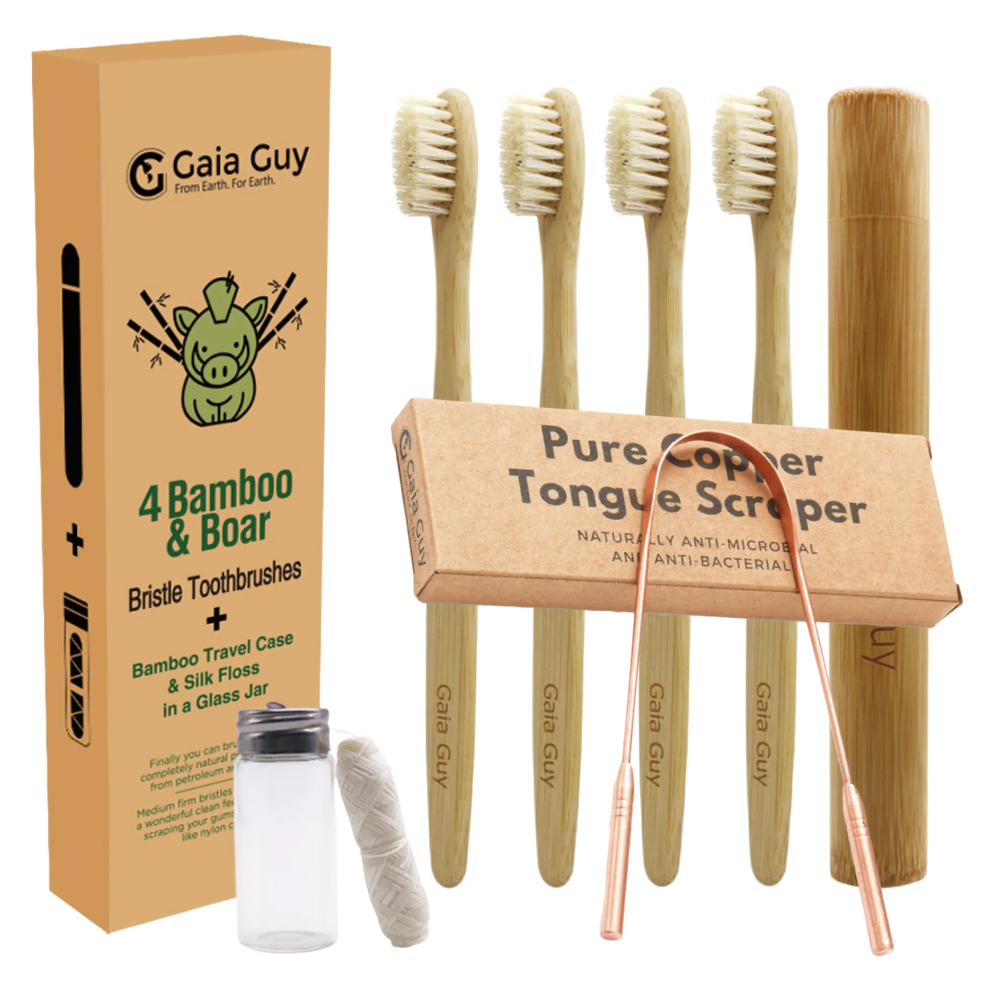 Plastic-Free Eco Dental Kit | Bamboo and Boar Bristle Toothbrushes   Silk Floss   Travel Case   Copper Tongue Scraper | Zero Waste Oral Hygiene