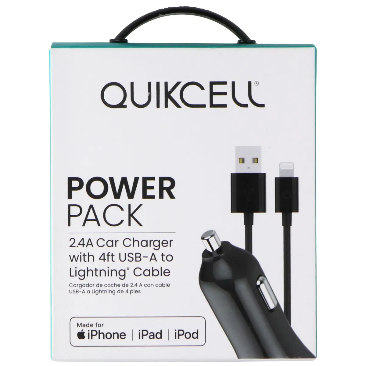 Quikcell 2.4A Car Charger with 4ft USB-A to Lightning 8-Pin Cable - Black