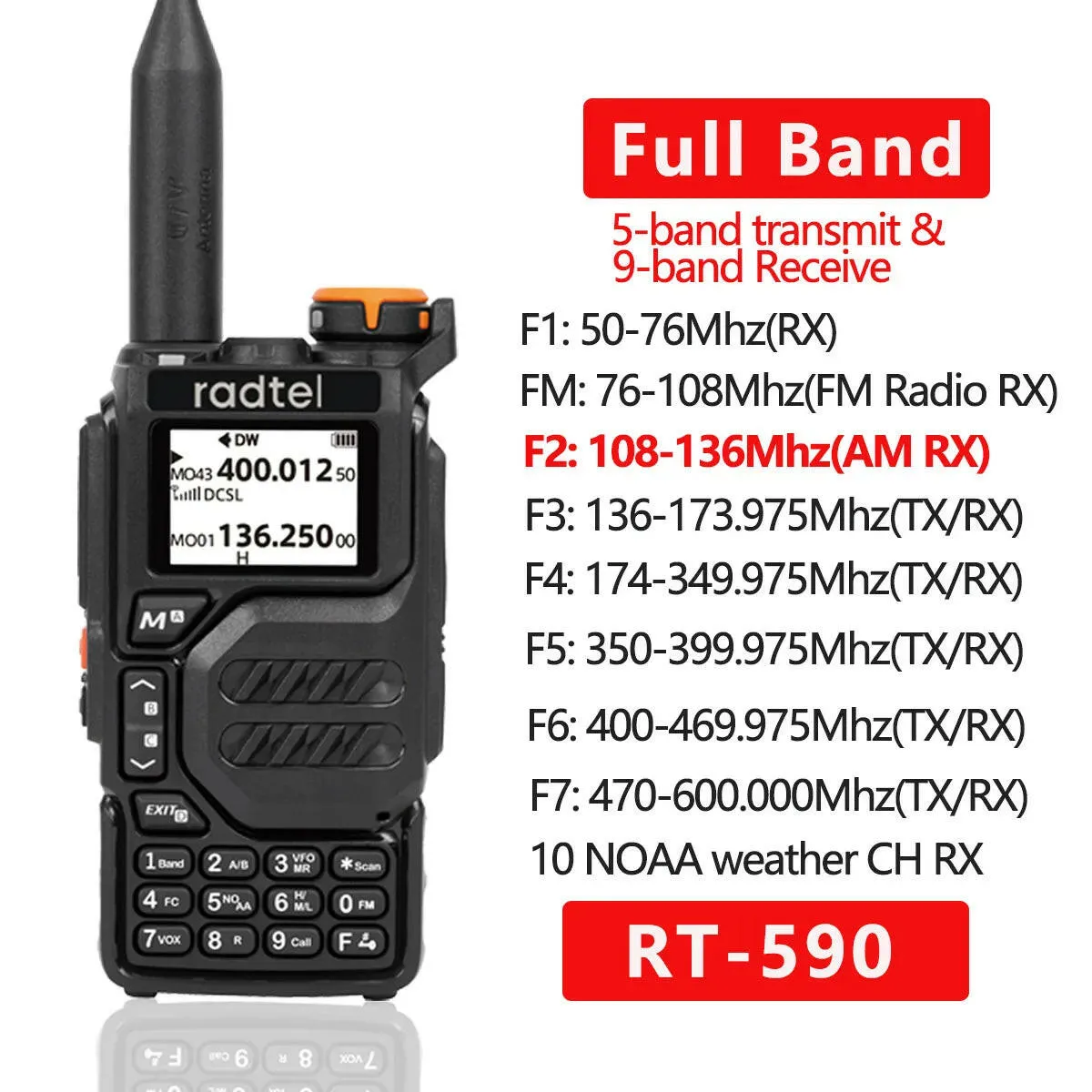 Radtel RT-590 Air Band Walkie Talkie Amateur Ham Two Way Radio Station UHF VHF 200CH Full Band HT with NOAA Channel AM Satcom