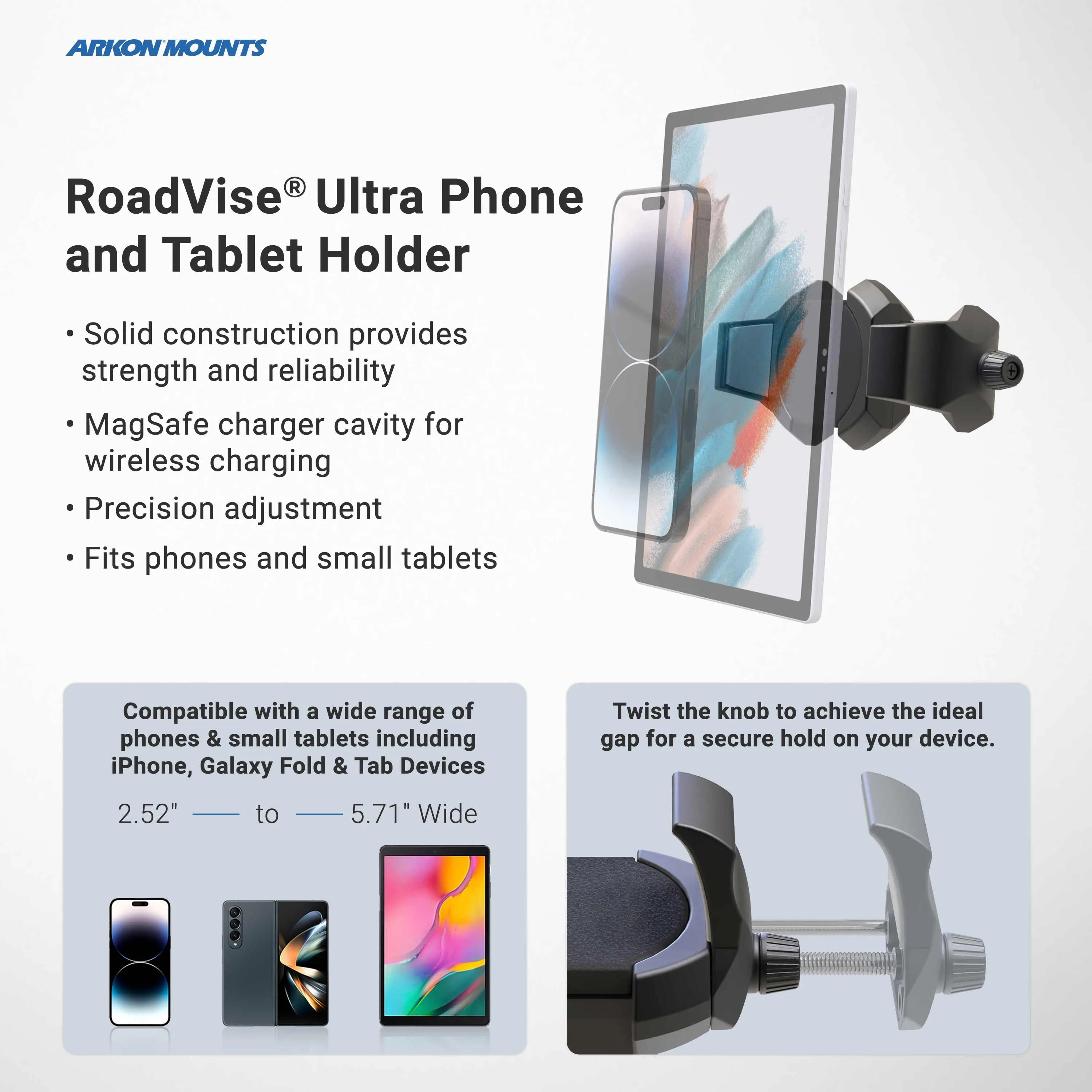 RoadVise® Ultra Clamp Phone and Tablet Mount with Security Knob and Two Shaft Arms