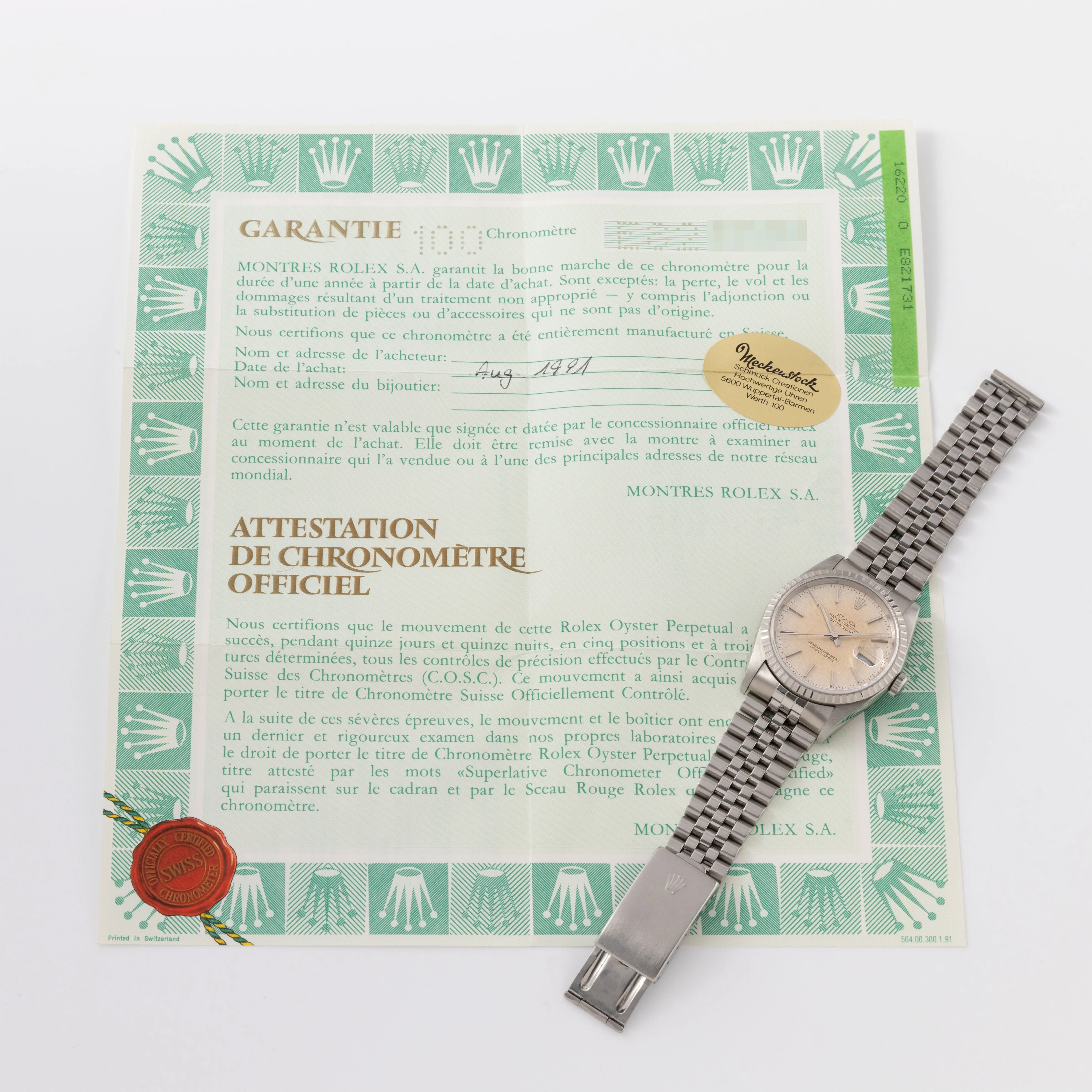 Rolex Datejust "Gold Explosion" Patina Linen Dial Ref. 16220 with Original Warranty Paper