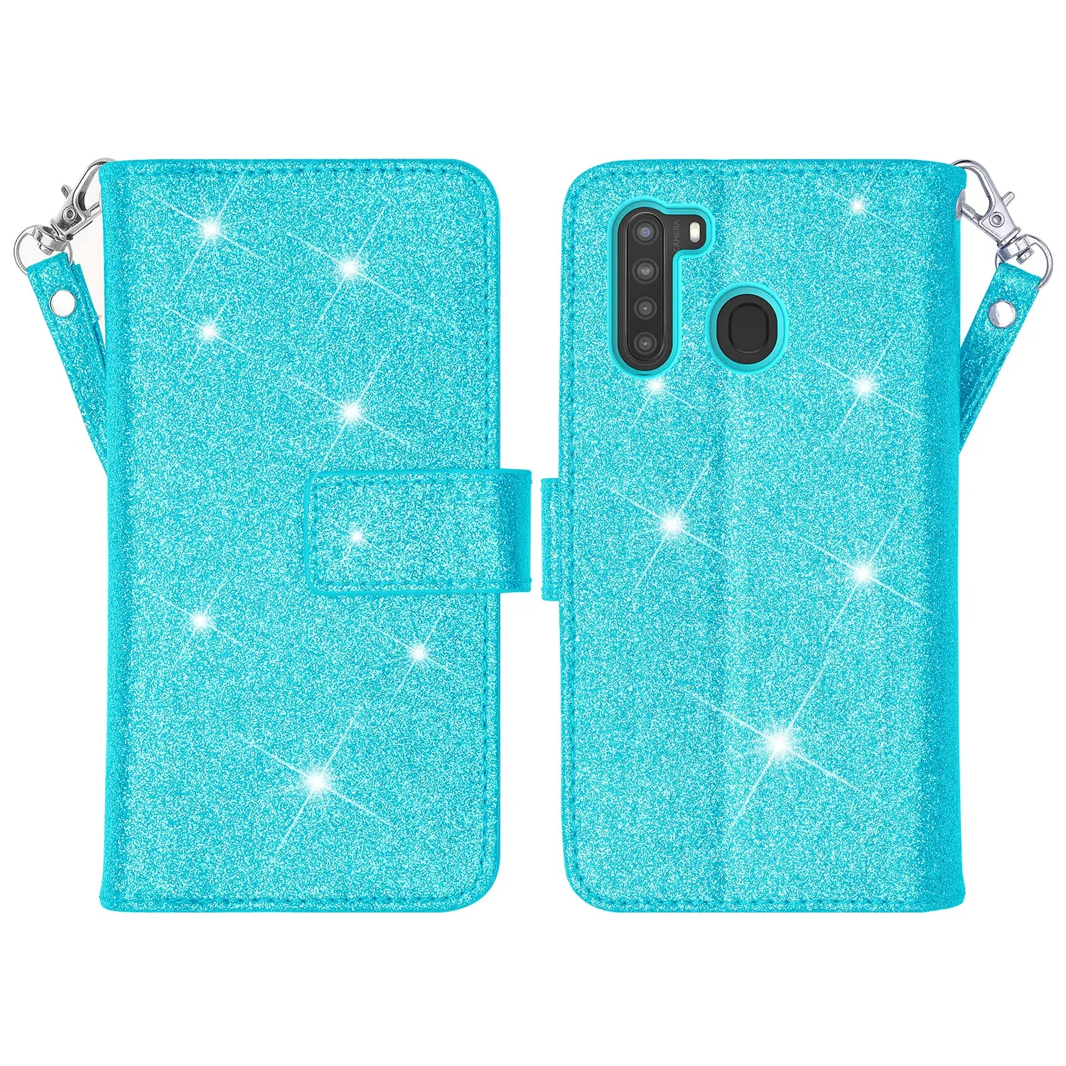 Samsung Galaxy A21 Case, Galaxy A21 Case, Glitter Faux Leather Flip Credit Card Holder Wrist Strap Shockproof Protective Wallet Case Clutch for Galaxy A21 - Teal