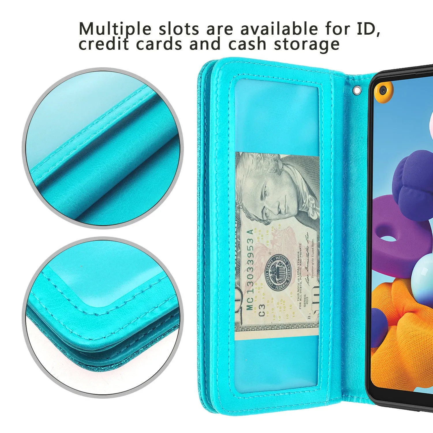 Samsung Galaxy A21 Case, Galaxy A21 Case, Glitter Faux Leather Flip Credit Card Holder Wrist Strap Shockproof Protective Wallet Case Clutch for Galaxy A21 - Teal