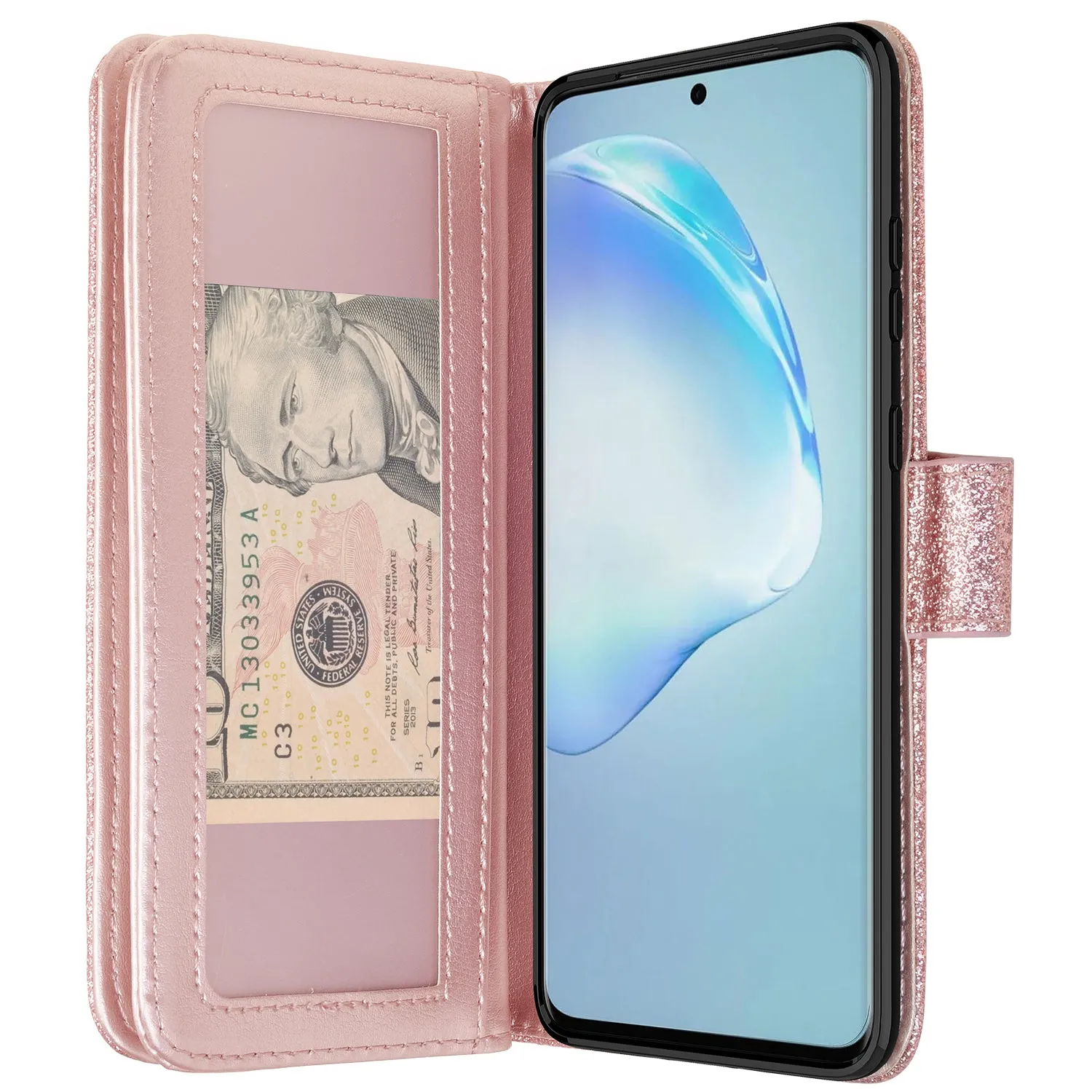 Samsung Galaxy S20  Case, Samsung Galaxy S20 Plus Case, Glitter Faux Leather Flip Credit Card Holder Wrist Strap Shockproof Protective Wallet Case Clutch for Galaxy S20 Plus/Galaxy S20  - Rose Gold