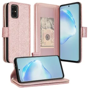 Samsung Galaxy S20  Case, Samsung Galaxy S20 Plus Case, Glitter Faux Leather Flip Credit Card Holder Wrist Strap Shockproof Protective Wallet Case Clutch for Galaxy S20 Plus/Galaxy S20  - Rose Gold