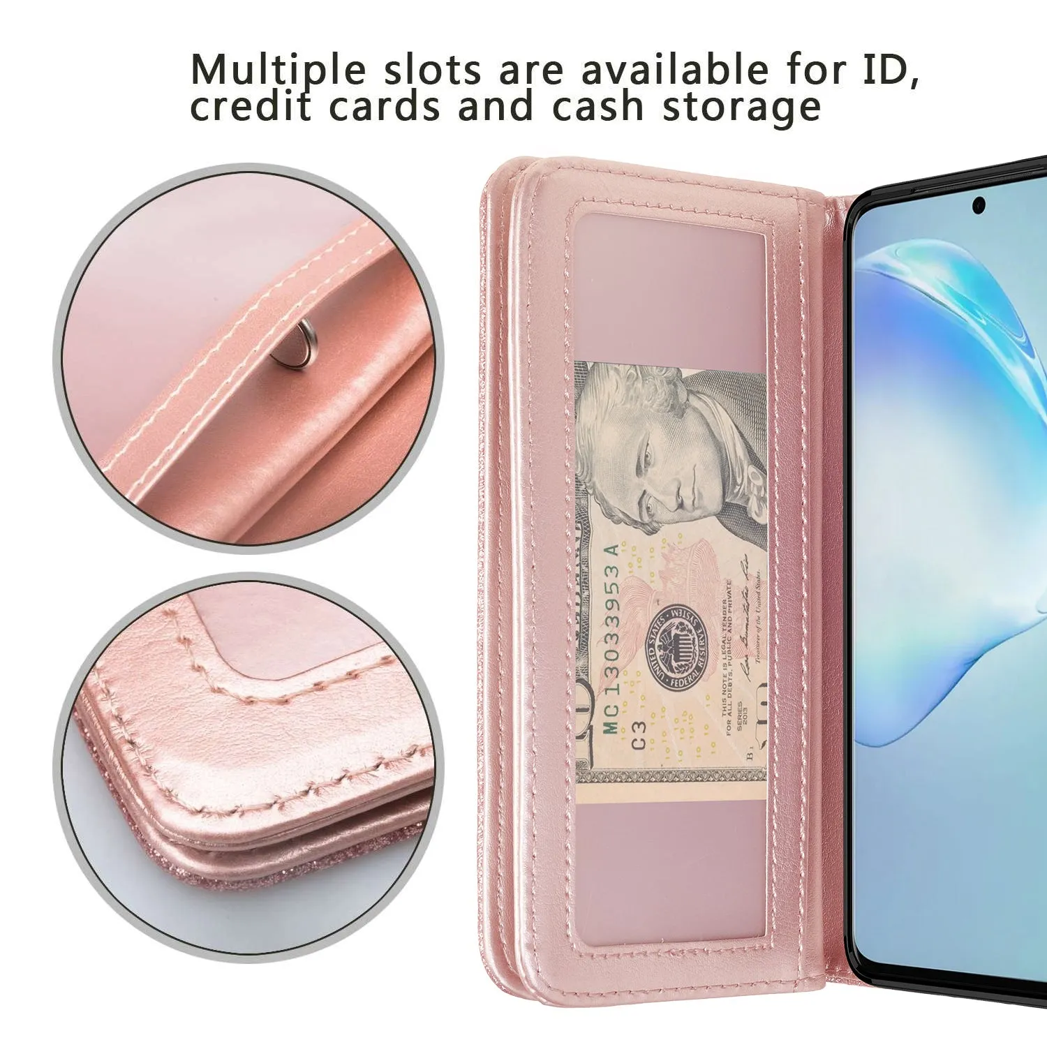 Samsung Galaxy S20  Case, Samsung Galaxy S20 Plus Case, Glitter Faux Leather Flip Credit Card Holder Wrist Strap Shockproof Protective Wallet Case Clutch for Galaxy S20 Plus/Galaxy S20  - Rose Gold