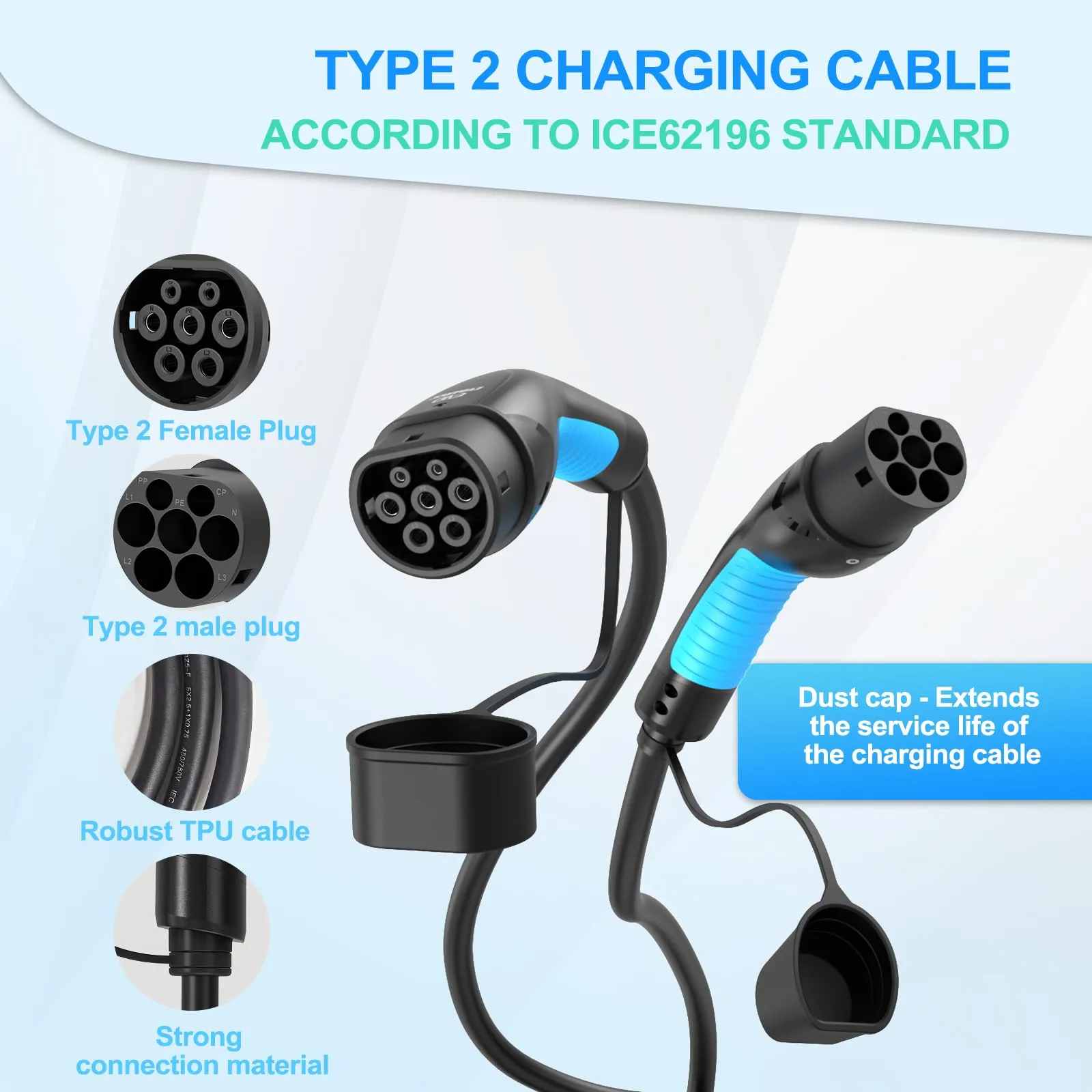 Single Phase 32A EVDANCE Type 2 to Type 2 EV Charging Extension Cable