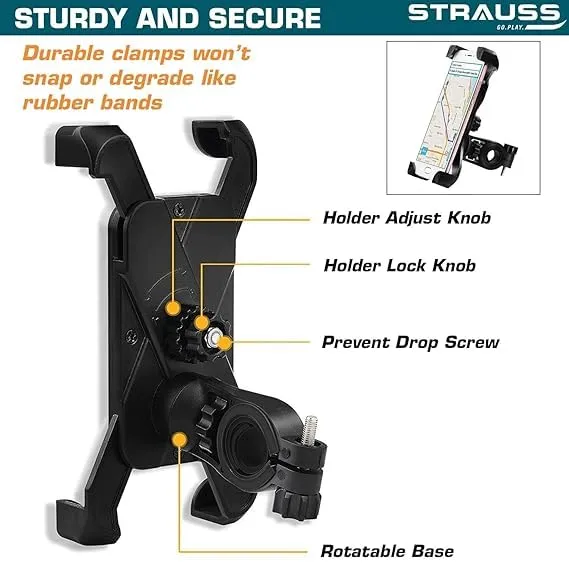 STRAUSS Bike Mobile Holder - Adjustable 360° Rotation Bicycle Phone Mount | Anti Shake and Stable Cradle Clamp | Bike Accessories | Bike Phone Holder for Maps and GPS Navigation (Black) | Pack of 24