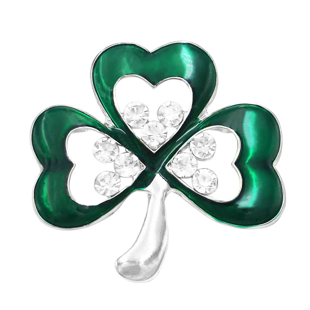 Stunning Green Enamel With Crystal Rhinestone Details Lucky Shamrock 3 Leaf Clover St Patrick's Day Irish Boutonniere Brooch Pin, 1.5"