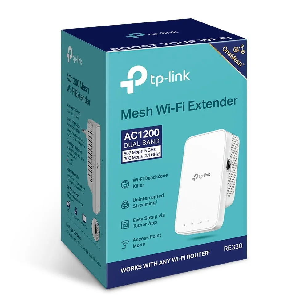 TP-Link RE330 AC1200 Dual Band Mesh Wi-Fi Extender Wall Plugged with 867Mbps at 5GHz, 300Mbps at 2.4GHz, Built-in Access Point Mode, Access Control, Easy Setup Via WPS Button / Tether App / Web GUI, OneMesh, Adaptive Path Selection