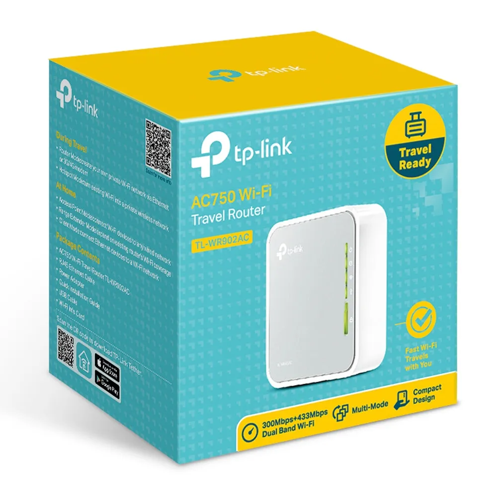 TP-Link TL-WR902AC AC750 Dual Band Wireless Wi-Fi Travel Router with 433Mbps at 5GHz, 300Mbps at 2.4GHz, Fast Ethernet WAN/LAN Port, USB 2.0 Port, Access Point, Range Extender, Client, Hotspot Modes, IPv6 Ready, 3G/4G Supported