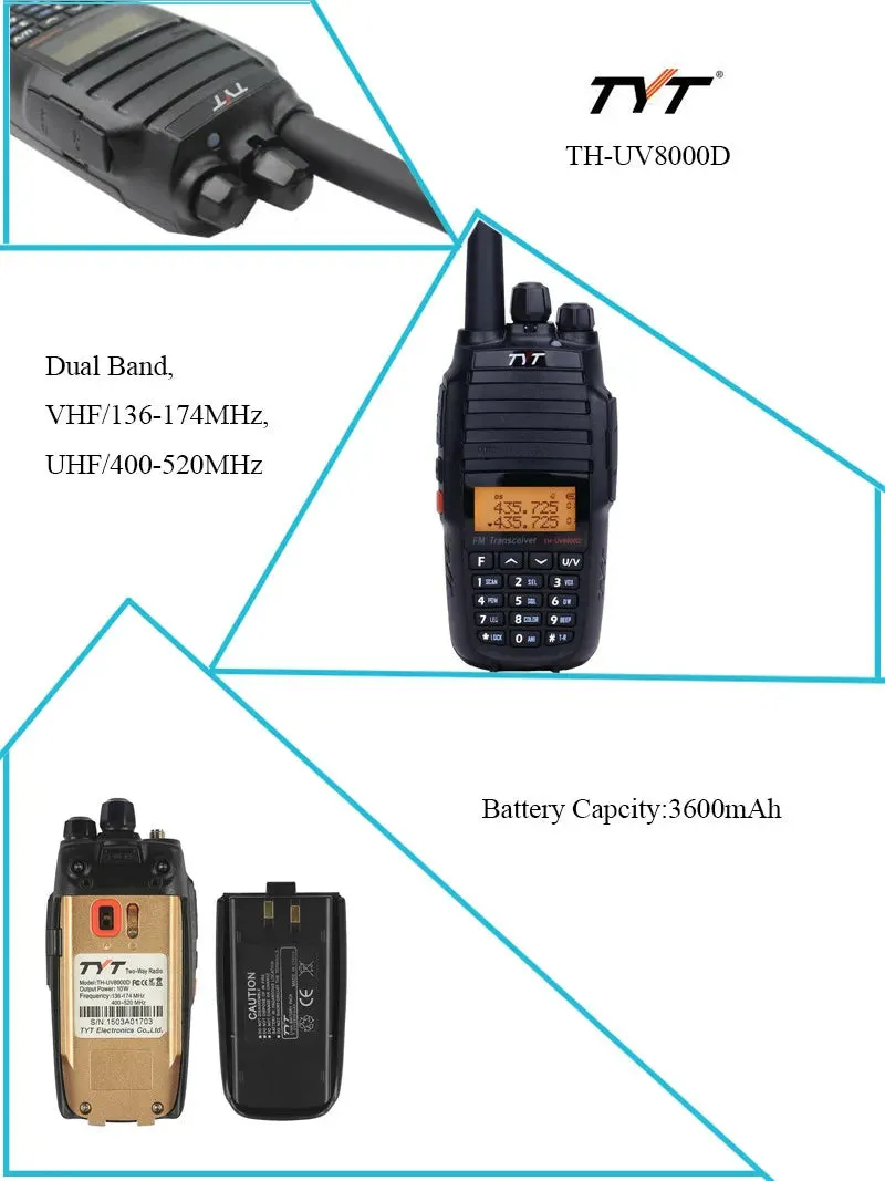 TYT TH-UV8000D 10W 3600mAh Handheld Radio, Dual Band 136-174/400-520MHz Walkie Talkie (AMATEUR)