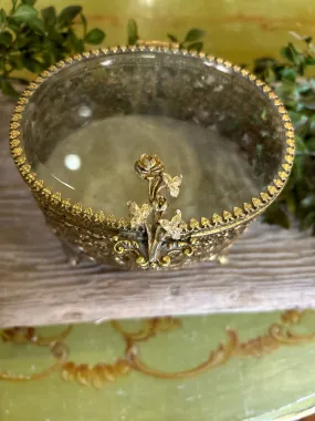 Vintage Rose Ormolu Beveled Glass Filigree Jewelry Box