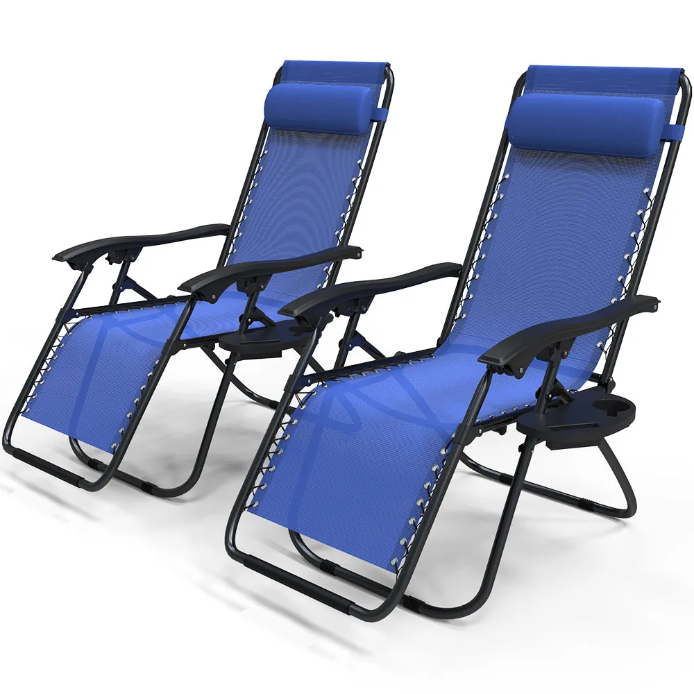 VOUNOT Set of 2 Zero Gravity Chairs, Garden Sun Loungers with Cup and Phone Holder, Blue