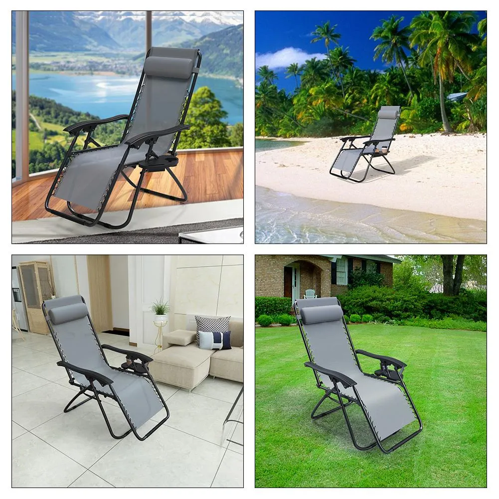 VOUNOT Zero Gravity Chairs, Garden Sun Loungers with Cup and Phone Holder, Grey