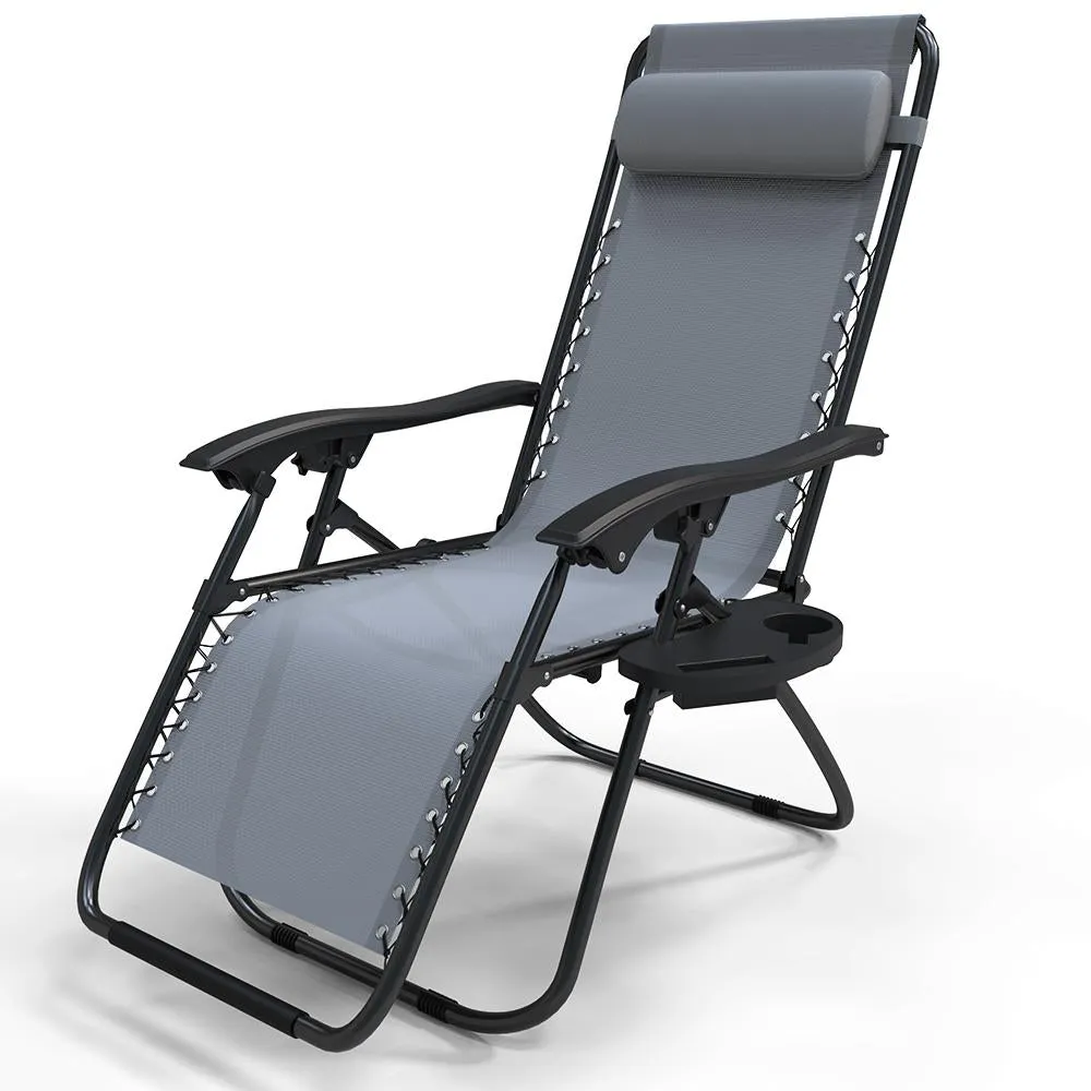 VOUNOT Zero Gravity Chairs, Garden Sun Loungers with Cup and Phone Holder, Grey