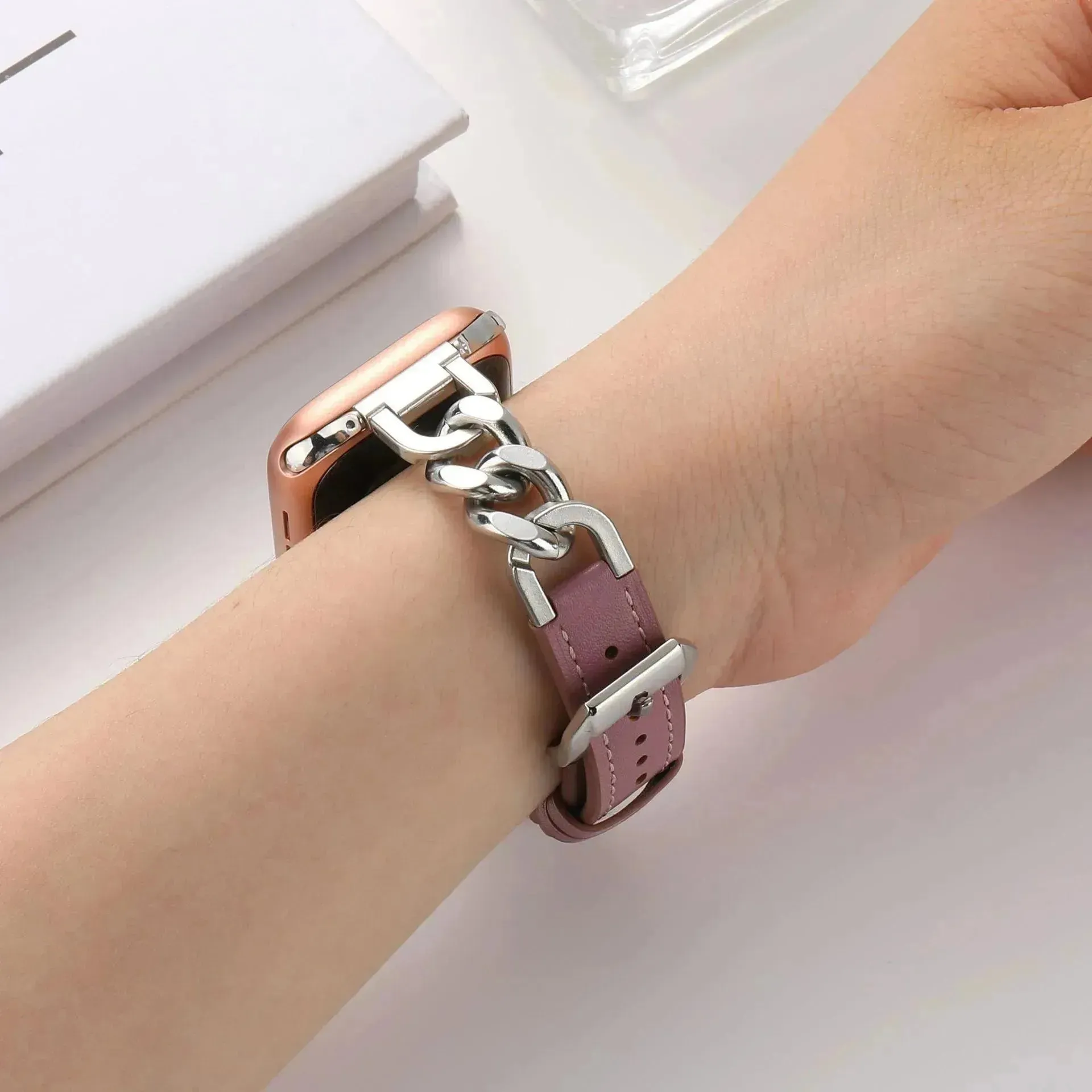 Women Leather and Stainless Steel Watch Strap for Apple  iwatch