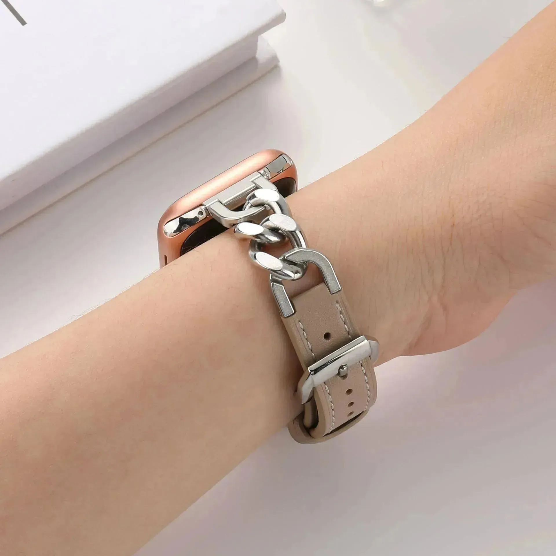 Women Leather and Stainless Steel Watch Strap for Apple  iwatch