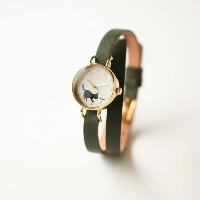 Women's Wristwatch - Cat and Seed Leaf, Japanese handmade wrist watch