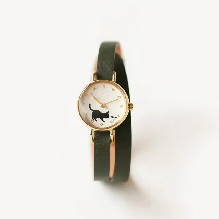 Women's Wristwatch - Cat and Seed Leaf, Japanese handmade wrist watch