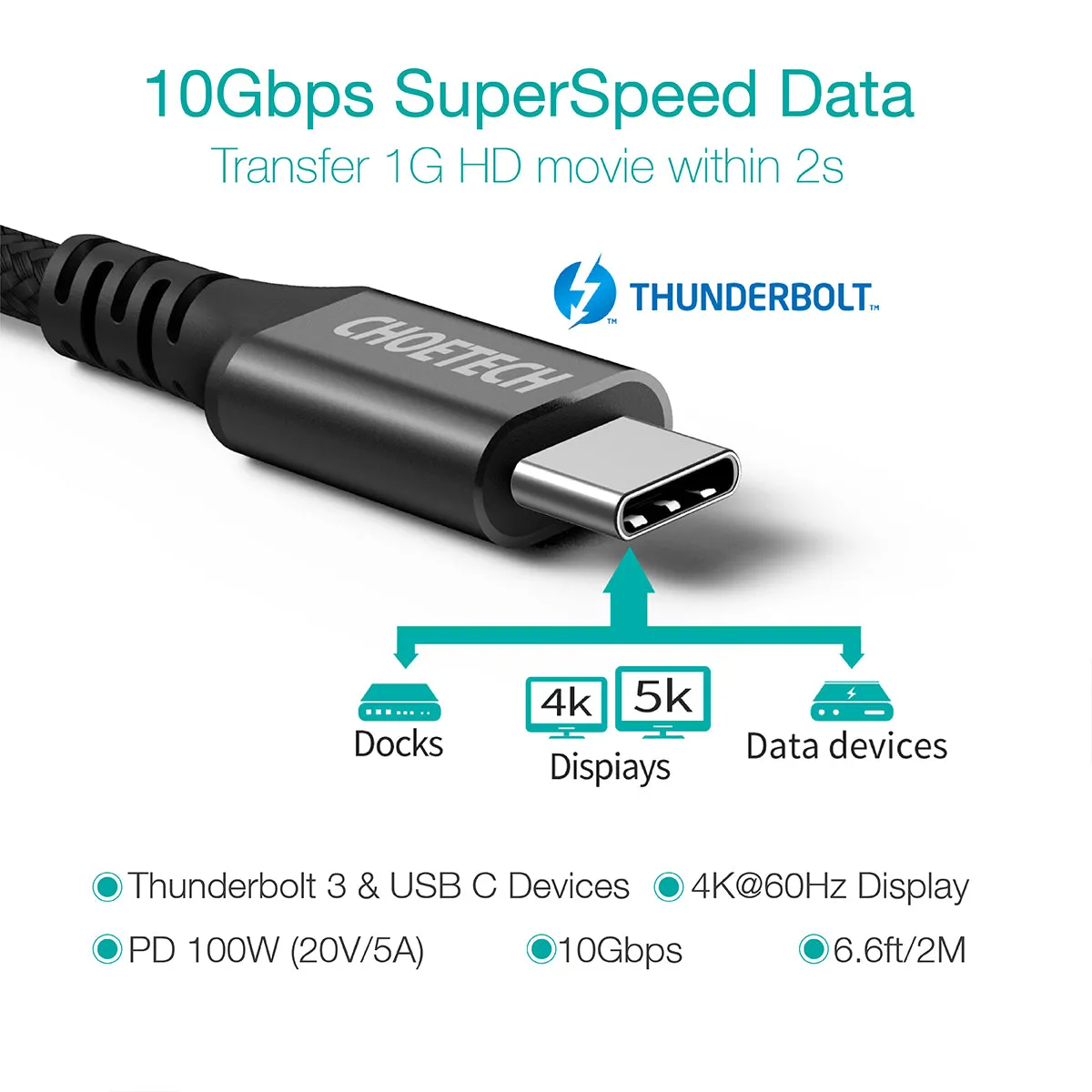 XCC-1007 CHOETECH 100W USB Type C Braided Fast Charging Cable (20V 5A 6ft)