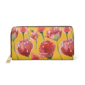 Yellow Red Tulips Zipper Wallet, Red Tulips Flower Print Best Long Compact Wallet For Women