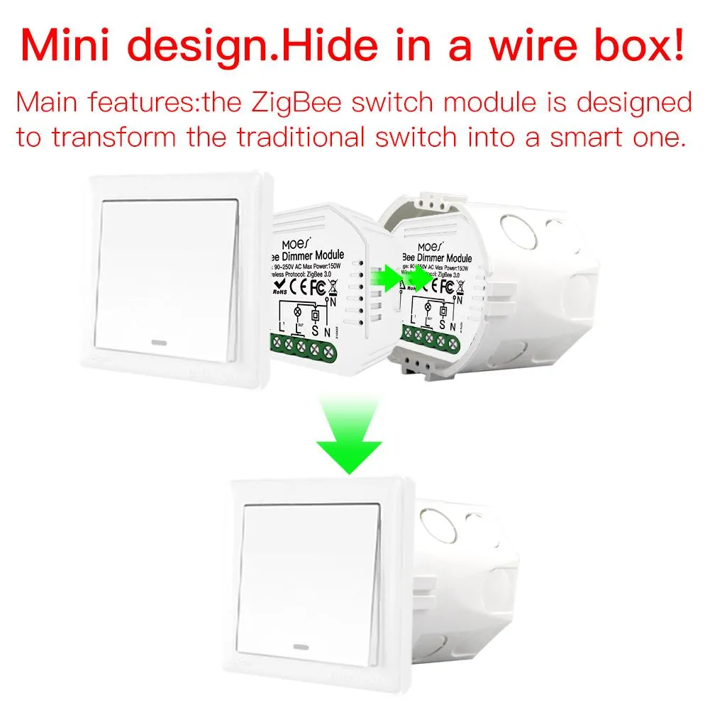 ZigBee Dimmer Module, Smart Switch Relay Module, MOES Hub Required 1/2 Gang Interruptor