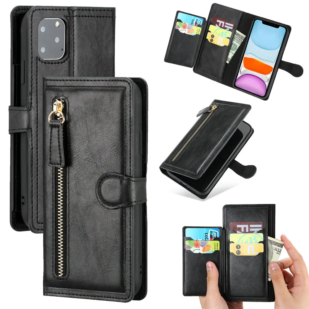 Zipper Wallet Flip Case For iPhone X to 14 Series With Wireless Charging Support