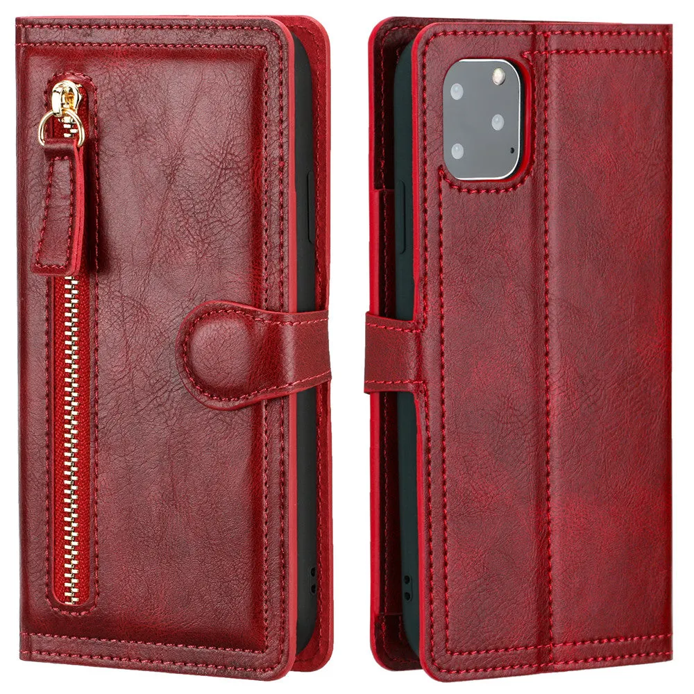 Zipper Wallet Flip Case For iPhone X to 14 Series With Wireless Charging Support