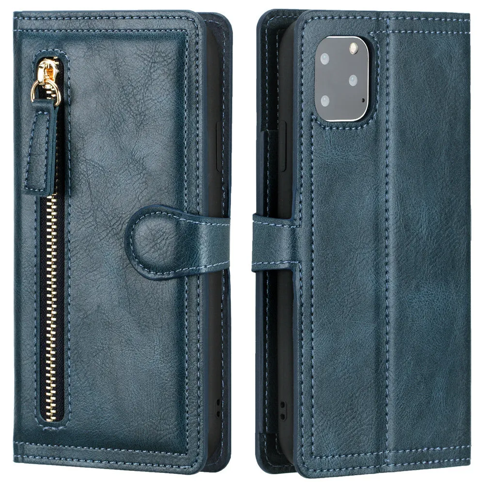 Zipper Wallet Flip Case For iPhone X to 14 Series With Wireless Charging Support