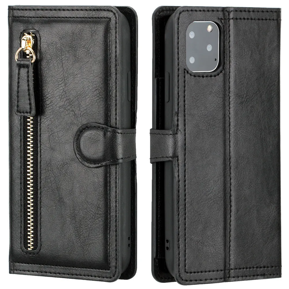 Zipper Wallet Flip Case For iPhone X to 14 Series With Wireless Charging Support